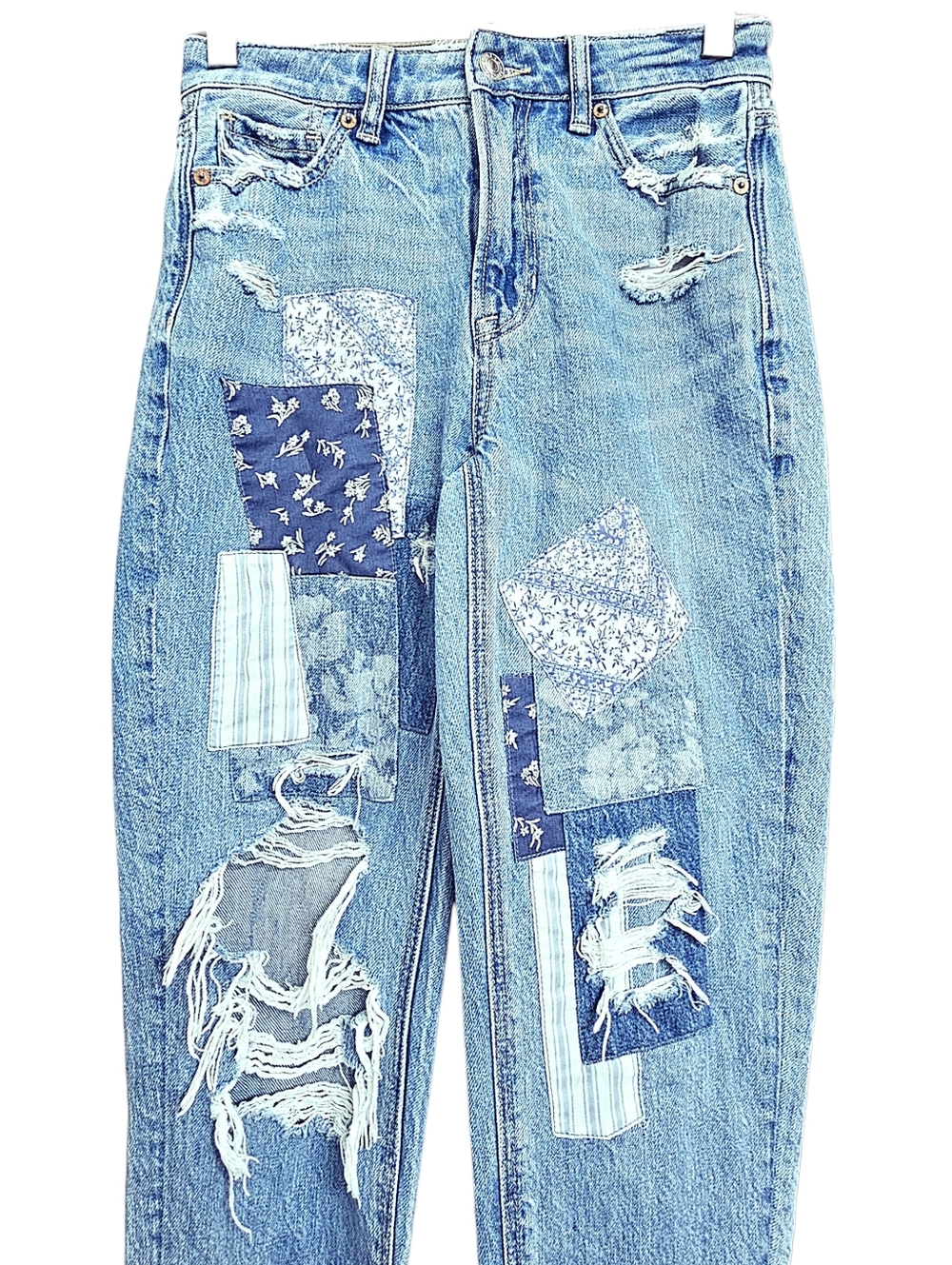American Eagle Patchwork Mom High Rise Straight Leg Distressed Jeans Size 00 - Picture 2 of 4